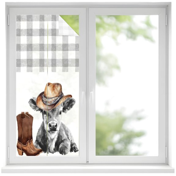 Farmhouse Cow Window Privacy Film, Grey Animal with Cowboy Hats Western Boots Plaid Frosted Glass Window Clings Static Cling UV Heat Blocking Reusable Door Sticker for Bathroom 19.6 x 39.3 Inch