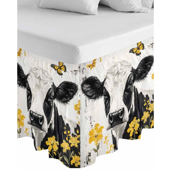 Farmhouse Cow Wrap Around Bed Skirts for Queen Bed 16" Drop,Bed Skirt with Adjustable Elastic Belt Dust Ruffle Bed Valance for Bedroom Hotel Spring Pastoral Yellow Floral Vintage Bed Frame Cover