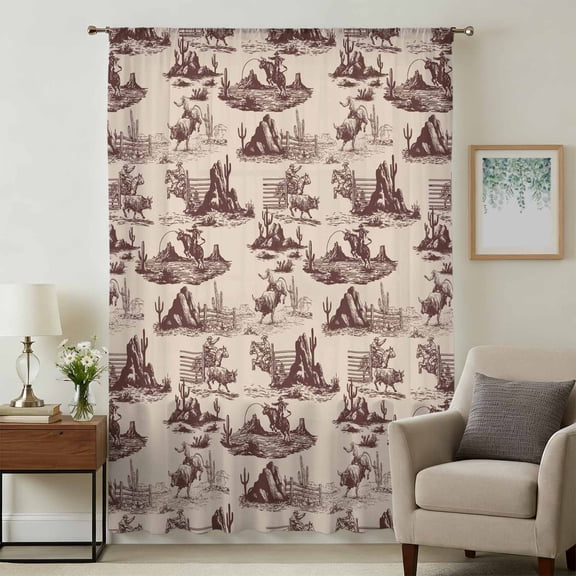 Farmhouse Cowboy Sheer Curtains 45 Inches Long for Bedroom, Vintage Mountain Nature Cactus Cow Light Filtering Privacy Drapes, Breathable Semi Sheer Short Window Treatment for Kitchen Cafe Bathroom