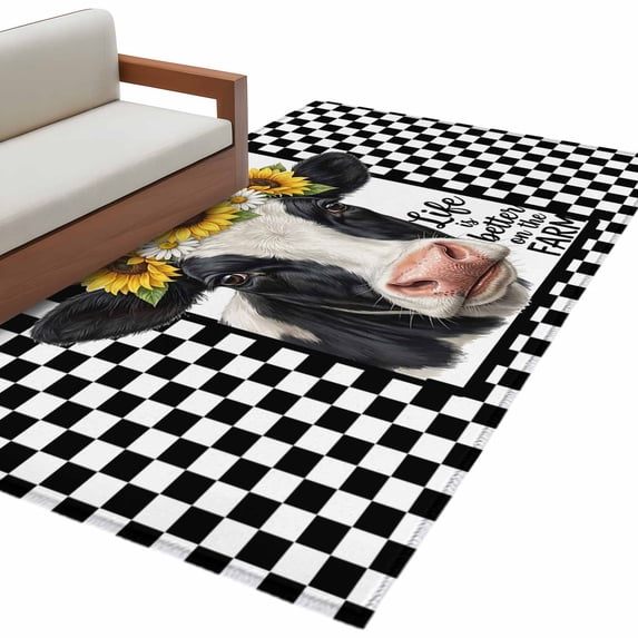 Farmhouse Cows Area Rug 4x6 Washable Rug Non Slip Sunflower Daisy White Black Plaid Large Area Rug Indoor Floor Carpet for Entryway Bedroom Kitchen Living Room Home Office Dining Room Nursery