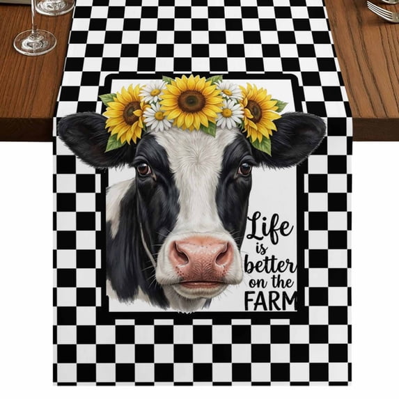 Farmhouse Cows Burlap Cotton Table Runner 13x36 Inches Short, Sunflower Daisy White Black Plaid Farmhouse Table Runners, Outdoor Dining Tablecloths Decor for Baby Shower/Party/Wedding