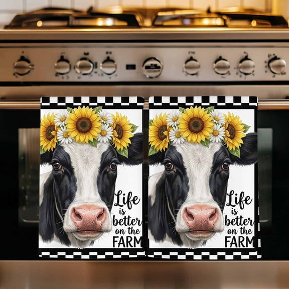 Farmhouse Cows Kitchen Towels Set of 2, Sunflower Daisy White Black Plaid Absorbent Dish Towels for Kitchen, Microfiber Hand Towel, Quick Drying Tea Towel for Cleaning Decorative Dishcloths