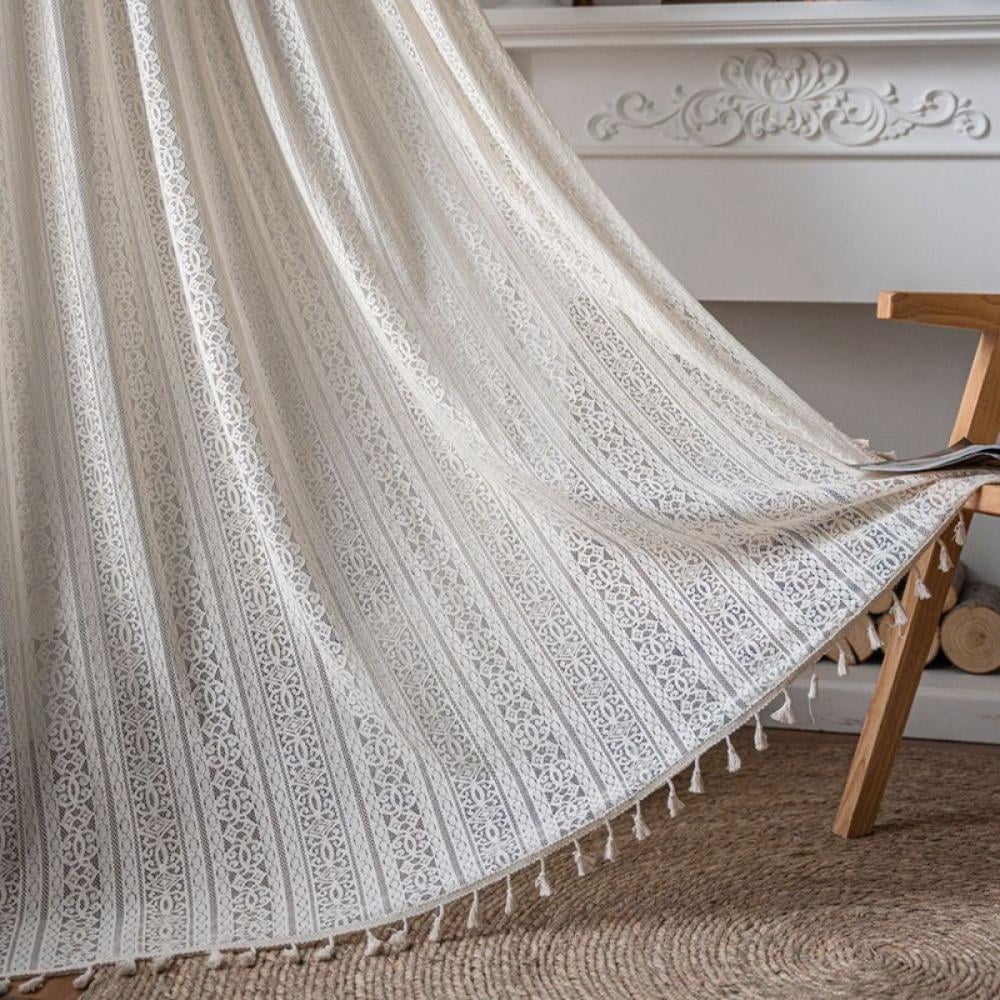 Farmhouse Crochet Curtains for Living Room,Vintage Rod Pocket Bohemian Curtains Geometry Striped Knitted Lace Light Filtering Curtains 118.11 inches Long for Bedroom Bay Kids,Beige