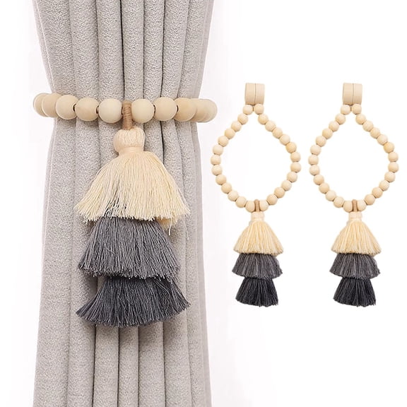 Farmhouse Curtain Tiebacks - 2 Pack Farmhouse Curtain Holdbacks, Curtain Holder Hooks for Drapes, Beaded Rustic Curtain Tie Backs, Drapery Pull Backs, Boho Farmhouse Wall Decor, 16 inch,  Gray