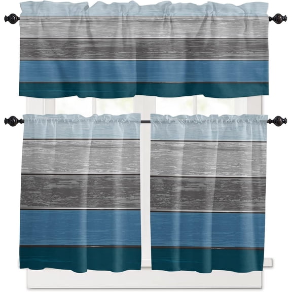 Farmhouse Curtain Tier and Valance Set 3 Piece, Semi Sheer Rod Pocket Valance Small Half Window Tier Curtains Retro Farm Wood Grain Blue and Gray Gradient Valances for Kitchen Living Room Bathroom