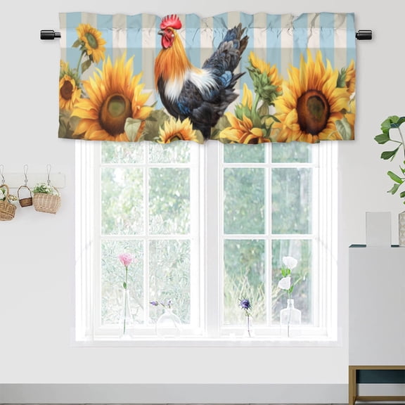 Farmhouse Curtain Valances for Kitchen Windows Rustic Rooster Snuflower Buffalo Plaid Window Valance for Living Room Bedroom, Kitchen Valance Rod Pocket Window Decor Curtain 54 by 18 in, 1 Panel