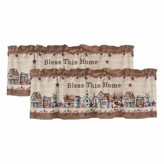 Farmhouse Curtain Valances for Windows, Kitchen Valance Window Treatments Panel 2 Pack, Brown Country Star Berry Vintage Wood Grain Rod Pocket Short Curtains for Bathroom Bedroom 54 x 18 Inch