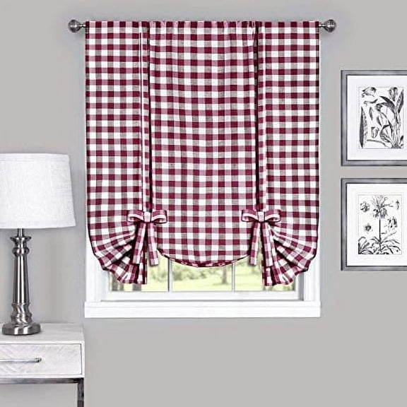 Farmhouse Curtains Kitchen Décor, Buffalo Plaid Valance, Classic Country Plaid Gingham Checkered Design, Farmhouse Décor, Window Curtain Treatments (Burgundy, Tie-Up Shade)