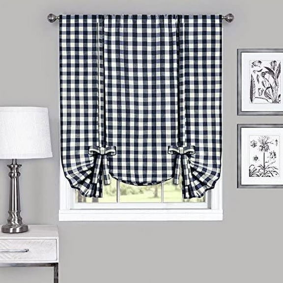 Farmhouse Curtains Kitchen Décor, Buffalo Valance, Classic Country Gingham Checkered Design, Farmhouse Décor, Window Curtain Treatments (Navy, Tie-Up Shade)