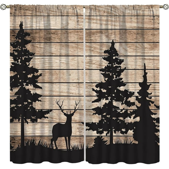 Farmhouse Curtains, Rustic Deer Forest Animal Farmhouse Wood Panel Home Decor Curtains, Bedroom Living Room Blackout Curtains, Set of 2 Panels,42X63 Inch