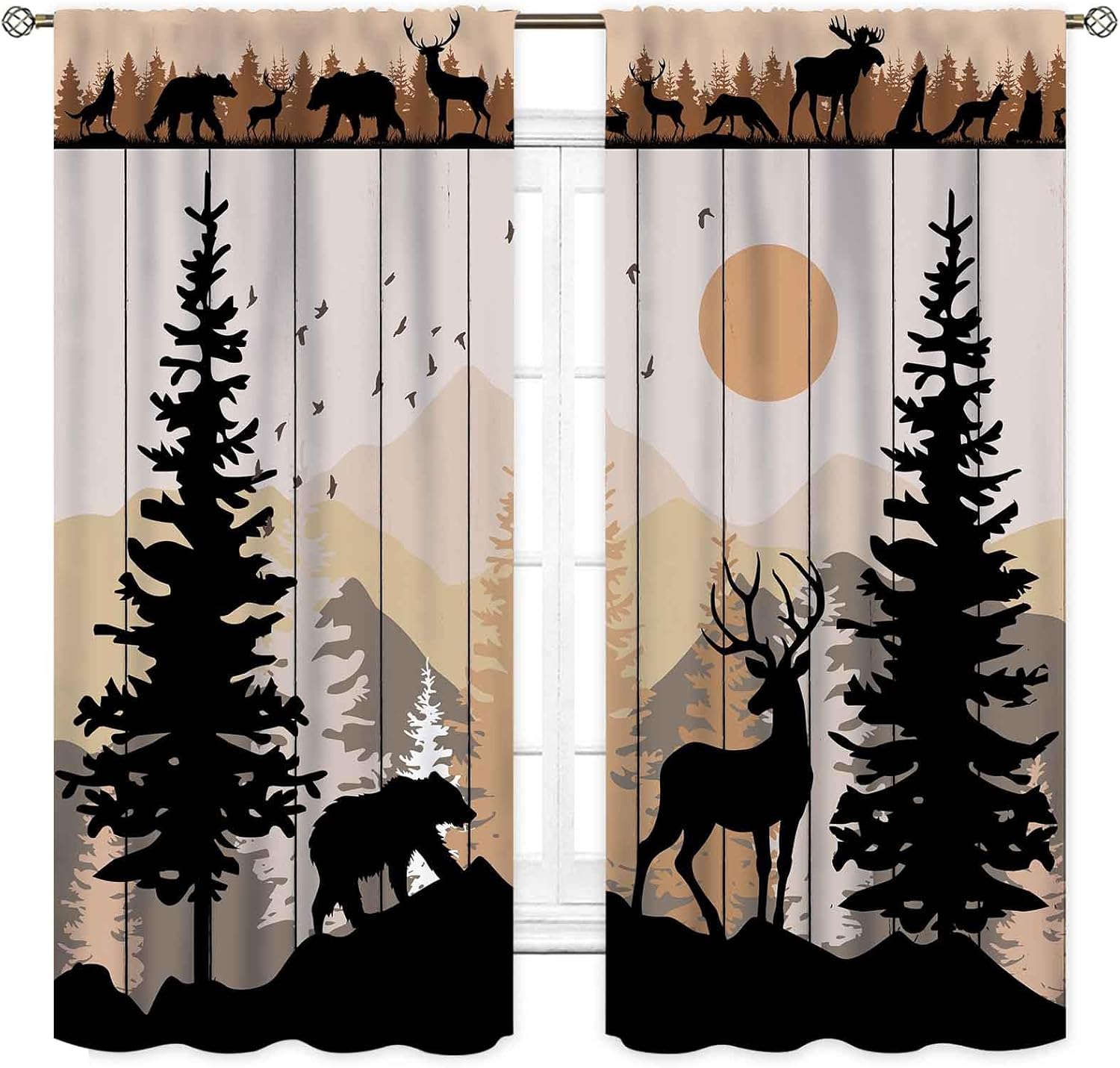 Rustic Drapery Farmhouse Curtains, Rustic Retro Forest Deer Bear Pine Tree Silhouette ...