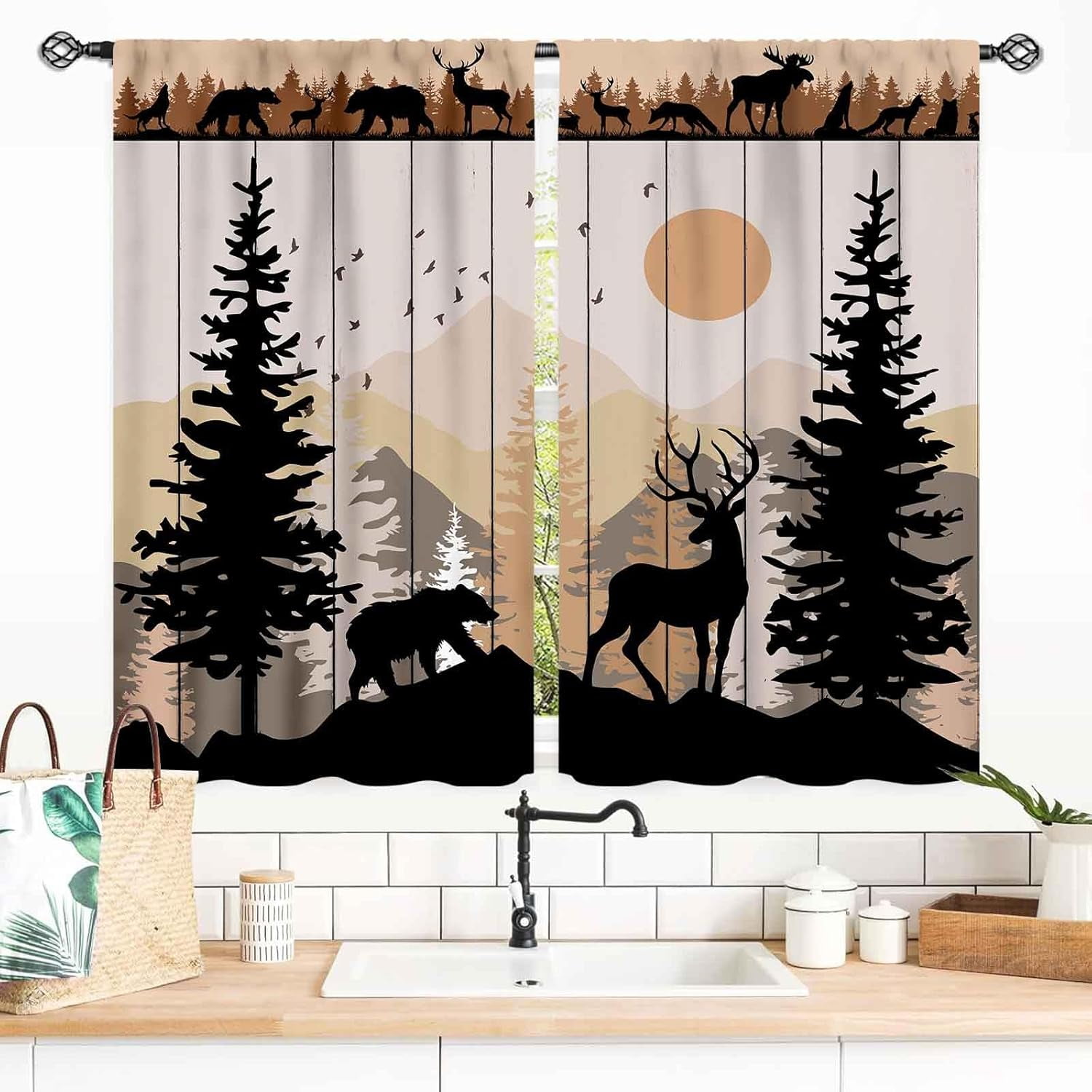 Rustic Drapery Farmhouse Curtains, Rustic Retro Forest Deer Bear Pine Tree Silhouette ...