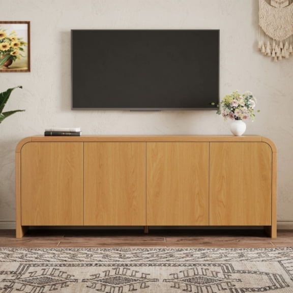 Farmhouse Curved Edge TV Stand for 70 Inch TV, Mid Century Modern Wood Grain Media Console with Adjustable Shelves, Cabinets & Cable Management for Living Room, Natural