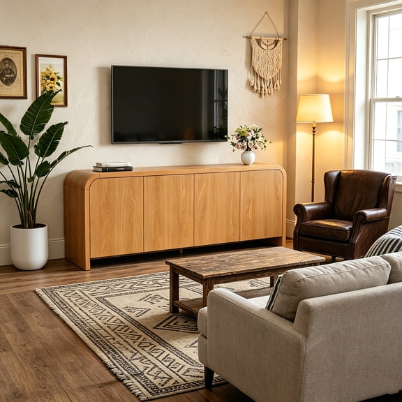 Farmhouse Curved Edge TV Stand with Large Cabinets for TVs up to 70", Minimalist Wood Grain Media Console with Cable Management, Mid Century TV Cabinet with Adjustable Shelves for Living Room, Walnut