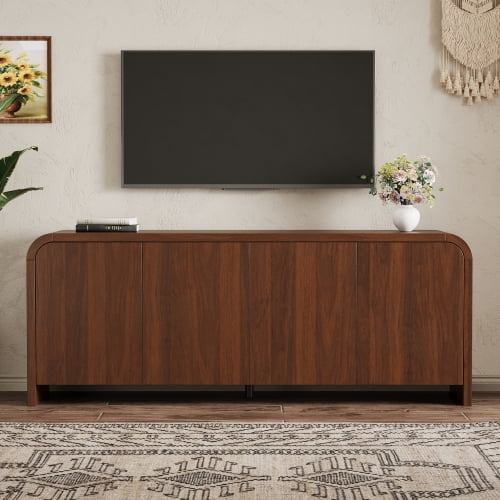 Farmhouse Curved Edge TV Stand for TVs up to 70", Mid Century Media Console with Large Cabinets & Adjustable Shelves, Wood Grain Cable Management, Walnut