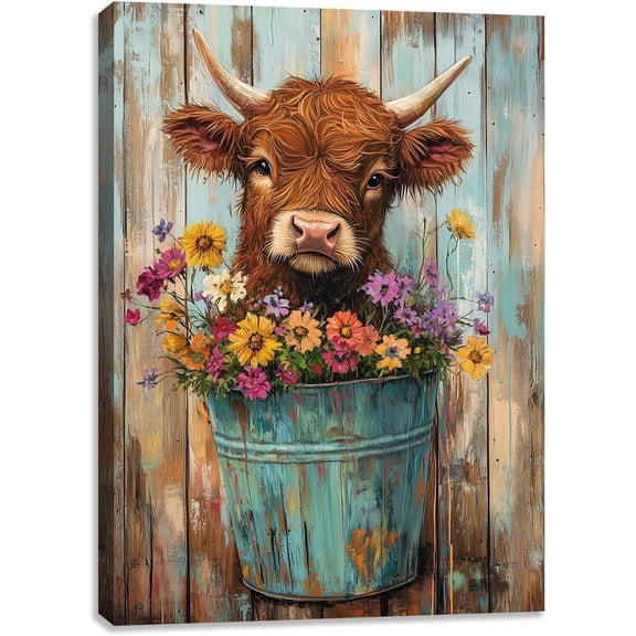 Farmhouse Cute Highland Cow Wall Art Flower Cow In Bucket Pictures Poster Canvas Wall Decor Rustic Highland Cattle Painting for Bedroom Room Kitchen Living Room Bathroom 16L x 12W