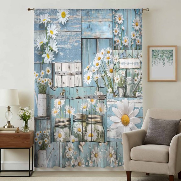 Farmhouse Daisies Sheer Curtains 45 Inches Long, Summer Spring Botanical Wooden Grain Light Filering Curtains, Breathable Simi Curtain Privacy Drapes for Kitchen Bathroom Small Window Treatment