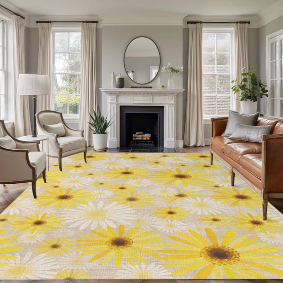 Farmhouse Daisy Area Rug 5x8 Washable Rug Non Slip Spring Watercolor Yellow White Floral Beige Large Area Rug Soft Stainresistant Indoor Floor Carpet for Living Room Bedroom Home Office Dining Room