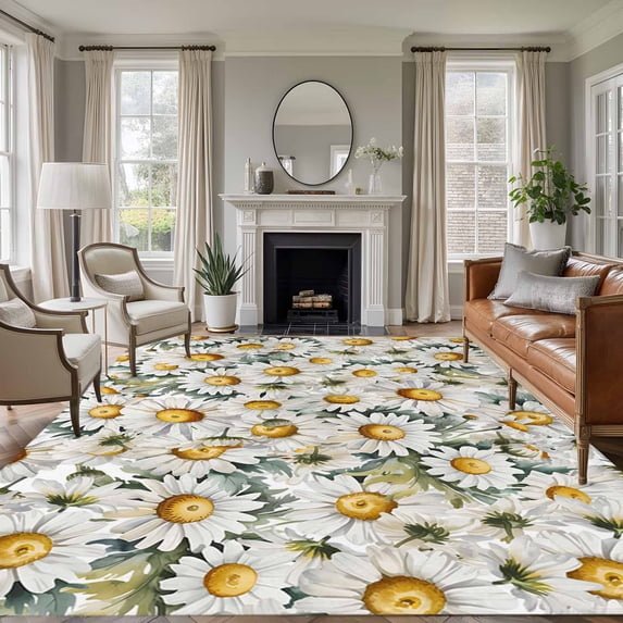 Farmhouse Daisy Area Rugs 5'x7', Washable Small Throw Rugs for Laundry Room Playroom, Spring Vintage Country Flower Plant Indoor Outdoor Rug Non-Slip Low Pile Carpet Runner Reversible Floor Mats
