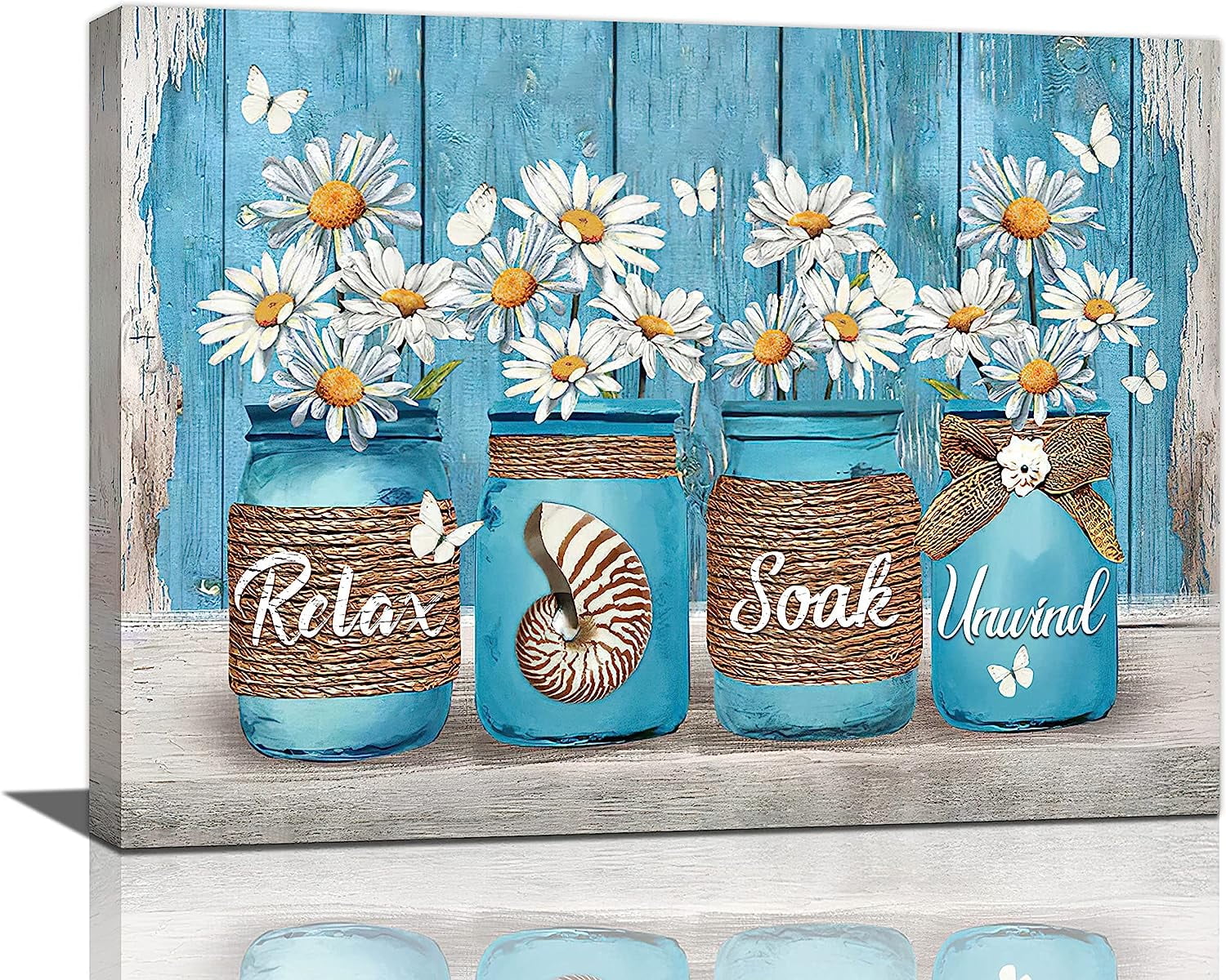 Farmhouse Daisy Bathroom Blue Decor Wall Art Rustic Flower Butterfly ...