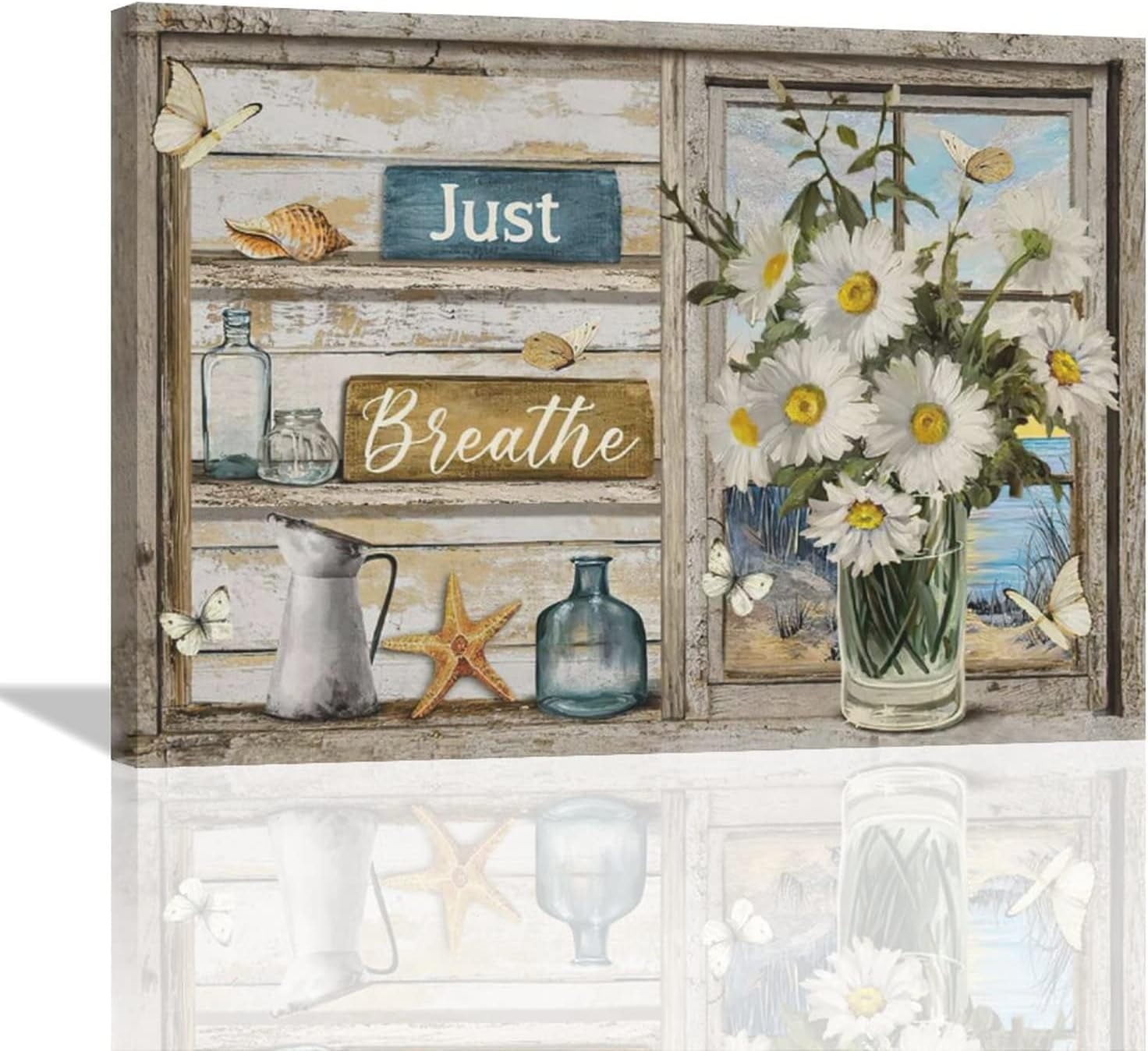 Farmhouse Daisy Bathroom Decor Wall Art Just Breathe Rustic Flower ...