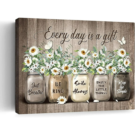 Farmhouse Daisy Bathroom Decor Wall Art Rustic Floral Pictures Wall Decor Vintage Country Flower Canvas Print Painting Framed Artwork For Bathroom Bedroom Living Room 12"x16"