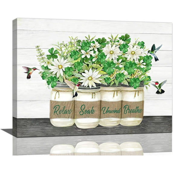 Farmhouse Daisy Bathroom Decor Wall Art Rustic Flower Hummingbird Floral Pictures Wall Decor Relax Soak Unwind Bathroom Sign Canvas Painting Prints Artwork Home Decorations Framed for Bedroom 16"x12"