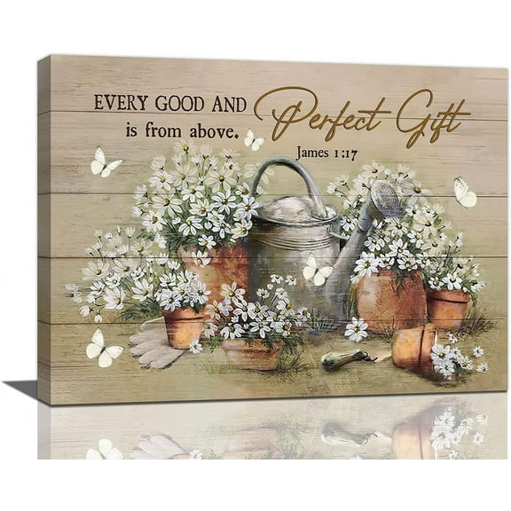 Farmhouse Daisy Bathroom Wall Art Scripture Bible Verse Bathroom Wall Decor Rustic Floral Country Flower Butterfly Pictures Bathroom Canvas Painting Framed Artwork for Kitchen Bedroom 16"x12"