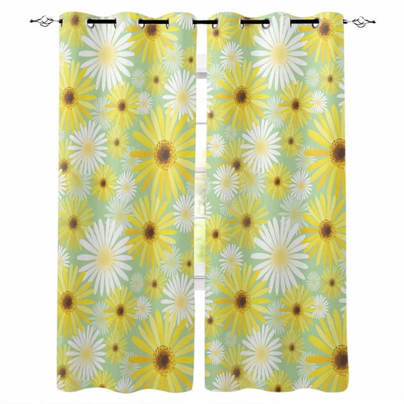 Farmhouse Daisy Blackout Curtains 45 Inches Long, Spring Watercolor Yellow White Floral Green Thermal Insulated Black Out Curtains, Small Darkening Window Curtain for Cafe Bedroom 42"x45" 2 Panels