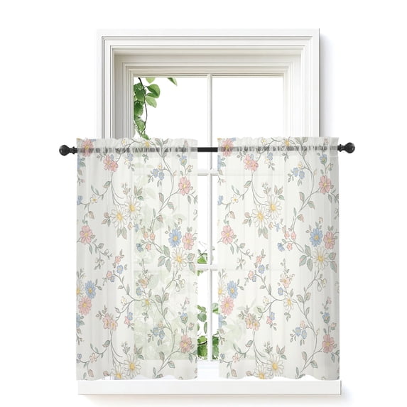Farmhouse Daisy Blossoms Tier Curtains 45 Inch Length,Sheer Curtains for Bedroom Living Room Window Vintage Rustic Flowers Rod Pocket Drapes Kitchen Curtains Small Half Window 27.5"x45" 2 Panels