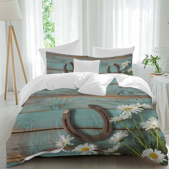 Farmhouse Daisy Comforter Set California King Size, Horseshoe Flower Teal Wood Grain Soft Bedding Set for Man Woman, 4 Pieces Duvet Cover Set with Fitted Sheet, 2 Pillowcases