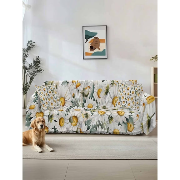 Farmhouse Daisy Couch Cover, Spring Vintage Country Flower Plant Sofa Cover Blanket for 1 Seat Cushion, Sectional Sofa Slipcover Furniture Protector for Living Room Bedroom 71''x91''