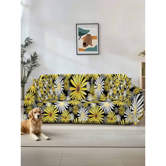 Farmhouse Daisy Couch Cover, Spring Watercolor Yellow White Floral Sofa Cover Blanket for 1 Seat Cushion, Sectional Sofa Slipcover Furniture Protector for Living Room Bedroom 71''x91''
