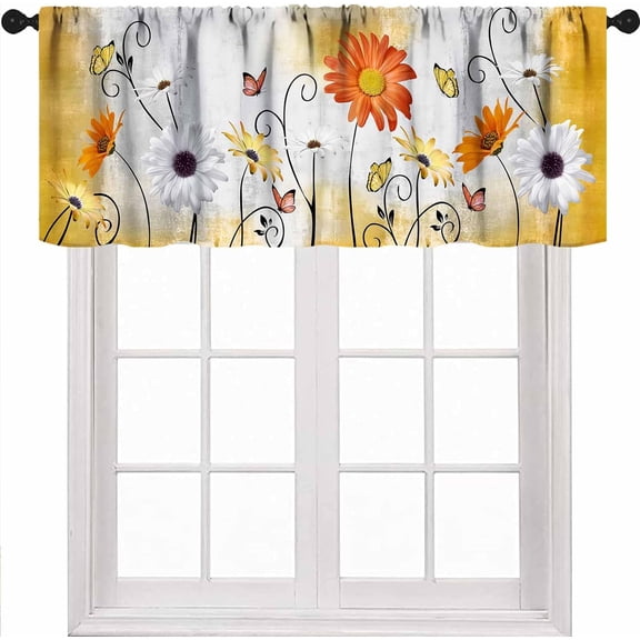 Farmhouse Daisy Curtain Valance for Window,Country Vintage Rustic Floral Butterfly Orange Yellow Spring Summer Window Drapes for Bathroom Bedroom Living Room Kitchen 1 Piece,54x18 Inch