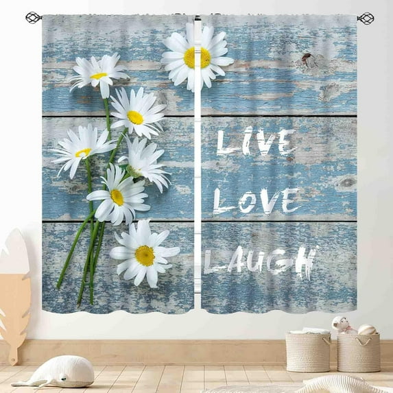 Farmhouse Daisy Curtains, Rustic Wooden Flower Retro Blue White Floral Spring Rural Country Style Blackout Window Drapery Treatments for Living Room Bedroom Kitchen Bathroom 2 Panels, 84"x63" Inch
