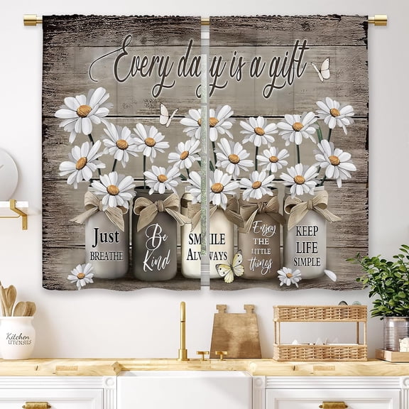 Farmhouse Daisy Floral Curtains Rustic Wood Plank Inspirational Quotes Window Drapes For Kitchen Living Room Home Decor