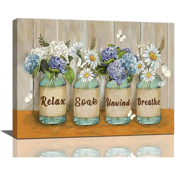 Farmhouse Daisy Flower Bathroom Decor Wall Art Rustic Floral Butterfly Pictures Wall Decor Relax Soak Unwind Bathroom Sign Canvas Painting Prints Artwork Decorations Framed for Bathroom 16"x12"