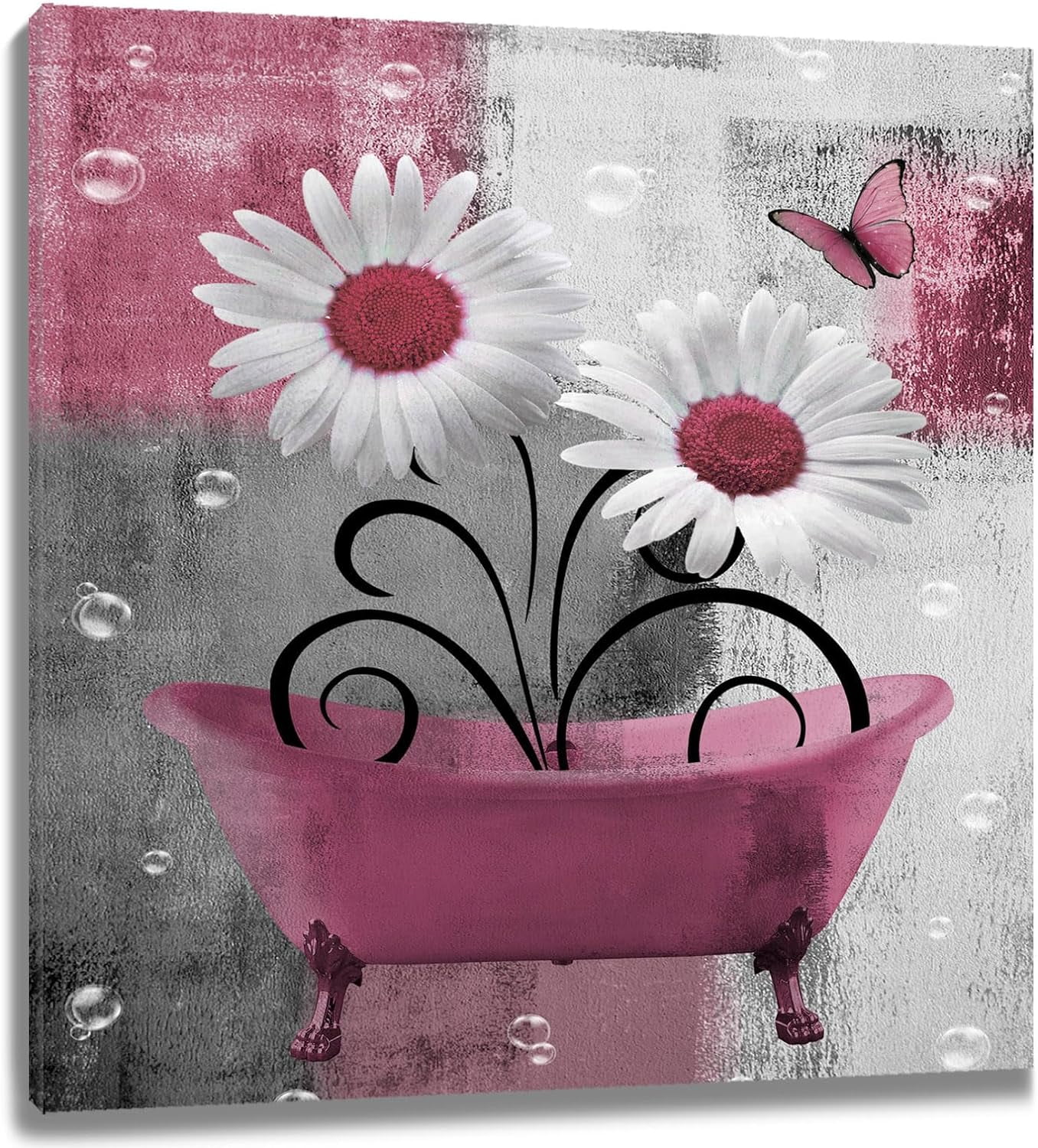 Farmhouse Daisy Flower Wall Art Country Pink Floral in Bathtub Wall Art ...