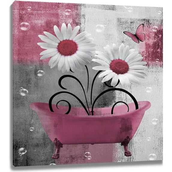 Farmhouse Daisy Flower Wall Art Country Pink Floral in Bathtub Wall Art Bedroom Grey and White Abstract Geometric Canvas Art Wall Decor for Living Room Bathroom Bedroom Decor,12L X 12W Inches