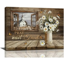 Farmhouse Daisy Pictures Wall Art Country Church Decor Christian Butterflies Flower Canvas Painting Rustic Floral Decorations Framed Artwork for Kitchen Bedroom Living Room 16"x12"