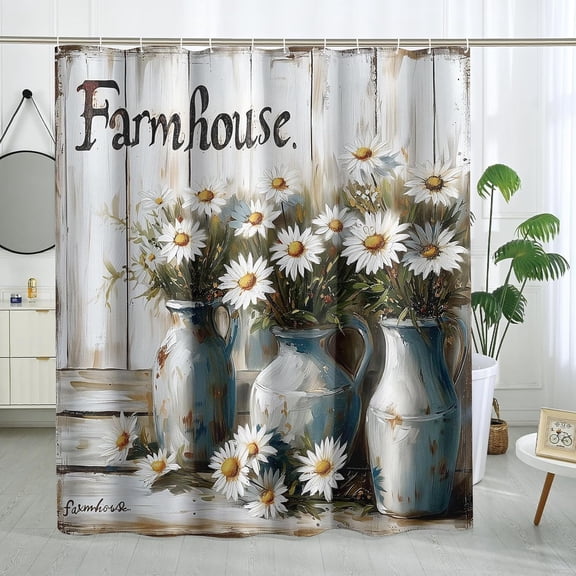 Farmhouse Daisy Shower Curtain Rustic Country Floral Vase Shower Curtain Bathroom Decor Polyester Fabric-72" x 72"