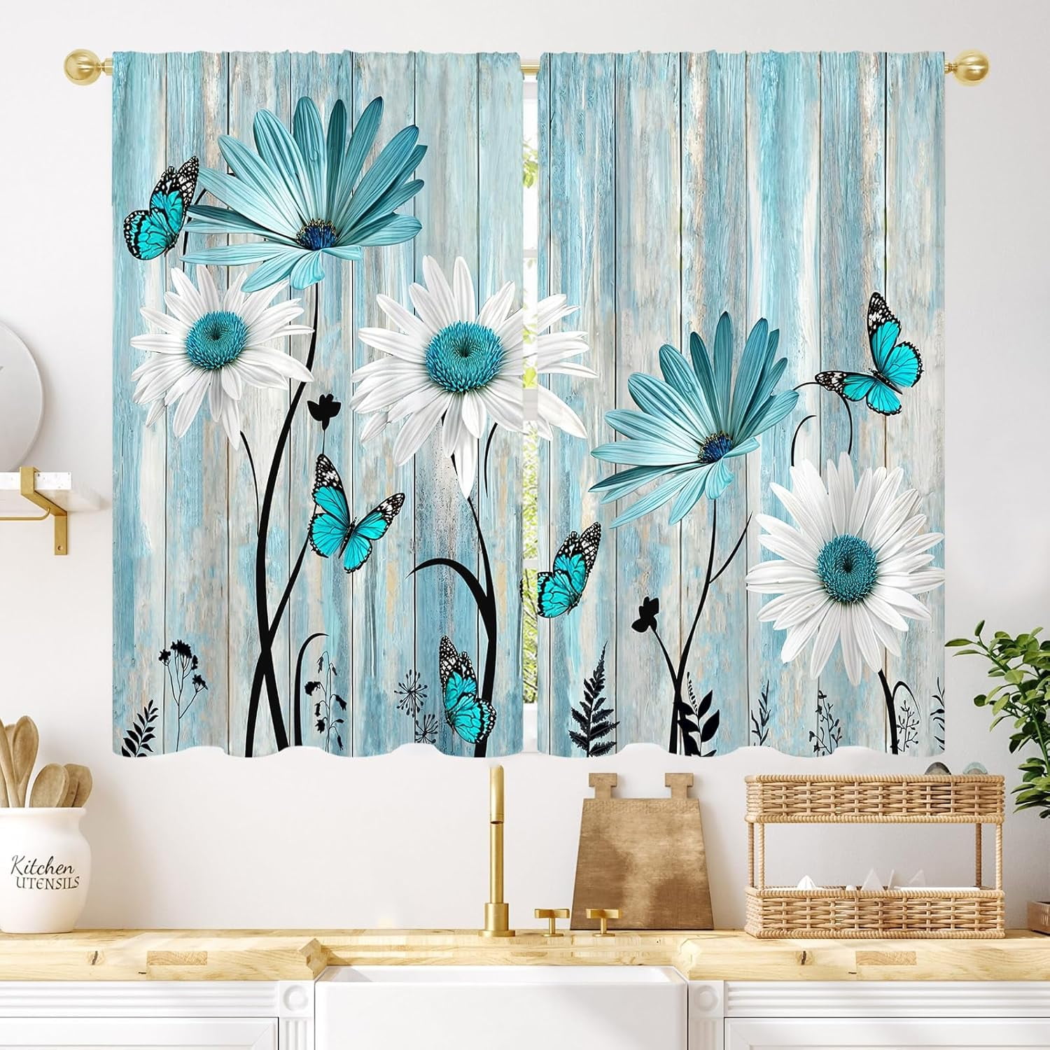 Farmhouse Daisy Teal Floral Kitchen Curtain Turquoise Rustic Flower ...