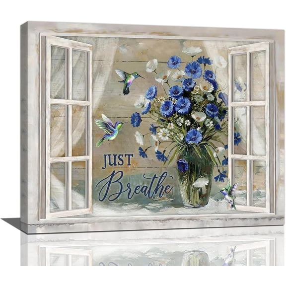 Farmhouse Daisy Wall Art Rustic Country Blue Flower Pictures Wall Decor Floral Just Breathe Painting Canvas Print Framed Home Artwork for Living Room Bedroom Bathroom Office 12"x16"