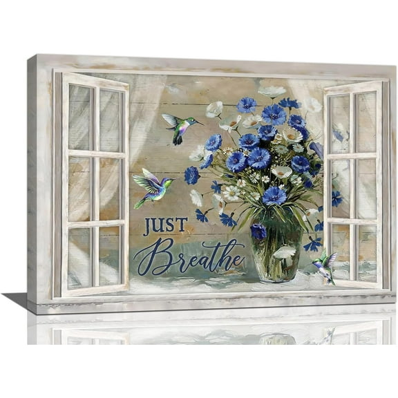 Farmhouse Daisy Wall Art Rustic Country Blue Flower Pictures Wall Decor Floral Just Breathe Painting Canvas Print Framed Home Artwork for Living Room Bedroom Bathroom Office 12"x16"
