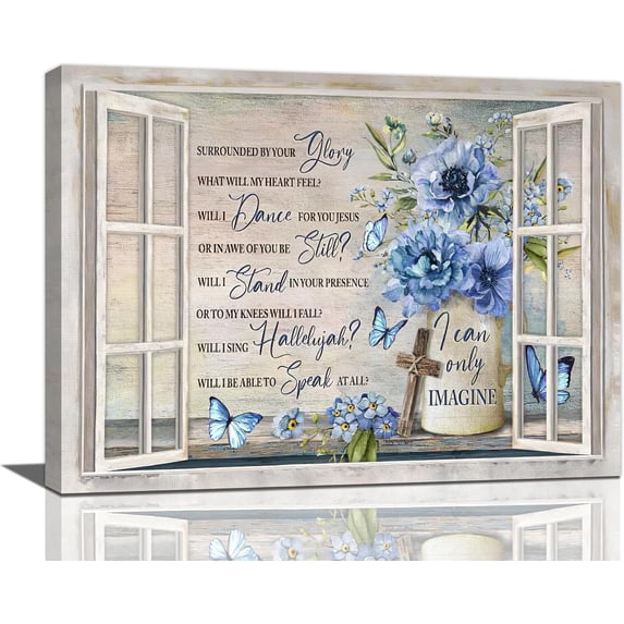 Farmhouse Daisy Wall Art Rustic Country Blue Flower Pictures Wall Decor Floral Just Breathe Painting Canvas Print Framed Home Artwork for Living Room Bedroom Bathroom Office 12"x16"