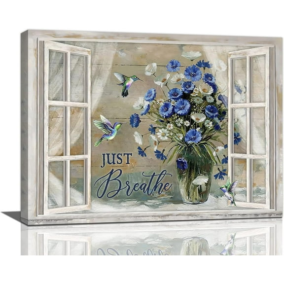 Farmhouse Daisy Wall Art Rustic Country Blue Flowers Pictures Wall Decor Floral Hummingbird Painting Just Breathe Canvas Print Framed Home Artwork for Living Room Bedroom Bathroom Office 12"x16"