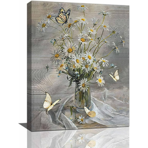 Farmhouse Daisy Wall Art Rustic Daisy Flower Pictures Wall Decor Country Daisy Floral Painting Canvas Prints Modern Home Artwork Framed Decor for Bedroom Bathroom Living Room 12"x16"