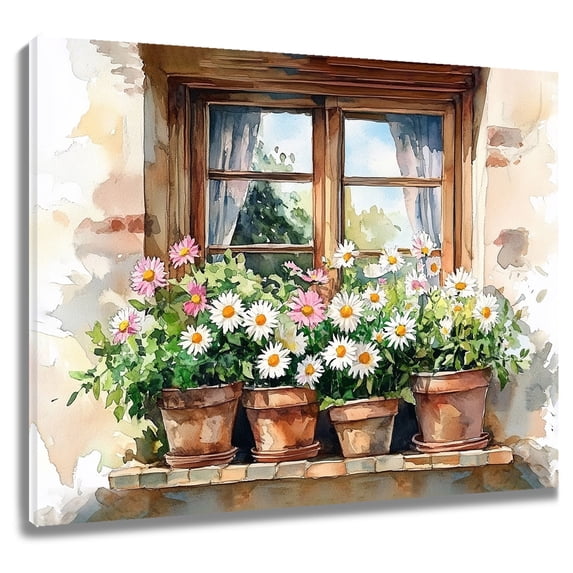 Farmhouse Daisy Wall Art Rustic Floral Window Canvas Wall Art White and Pink Flower Painting Prints Artwork Decor Framed Wall Art Modern Home Decorations for Living Room Bedroom Bathroom,8x10 Inches
