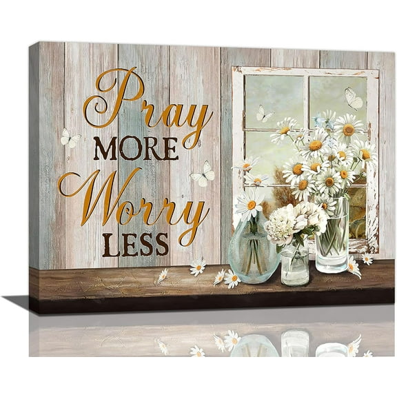 Farmhouse Daisy Wall Art Rustic Window Flowers Vase Butterfly Bathroom Pictures Wall Decor Country Floral Canvas Print Artworks Home Decorations For Bathroom Kitchen Bedroom Office Framed 16"x12"