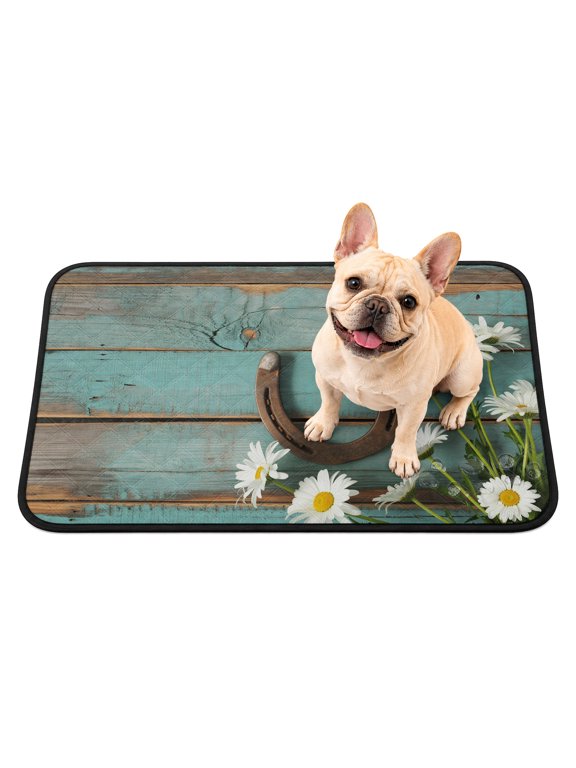 Farmhouse Daisy Washable Pee Pads for Dogs, Horseshoe Flower Teal Wood Grain Reusable Puppy Pads Waterproof Pet Mat, Absorbent Dog Pee Pads for Crate Pet Training Whelping Playpen Mats 24"x18"